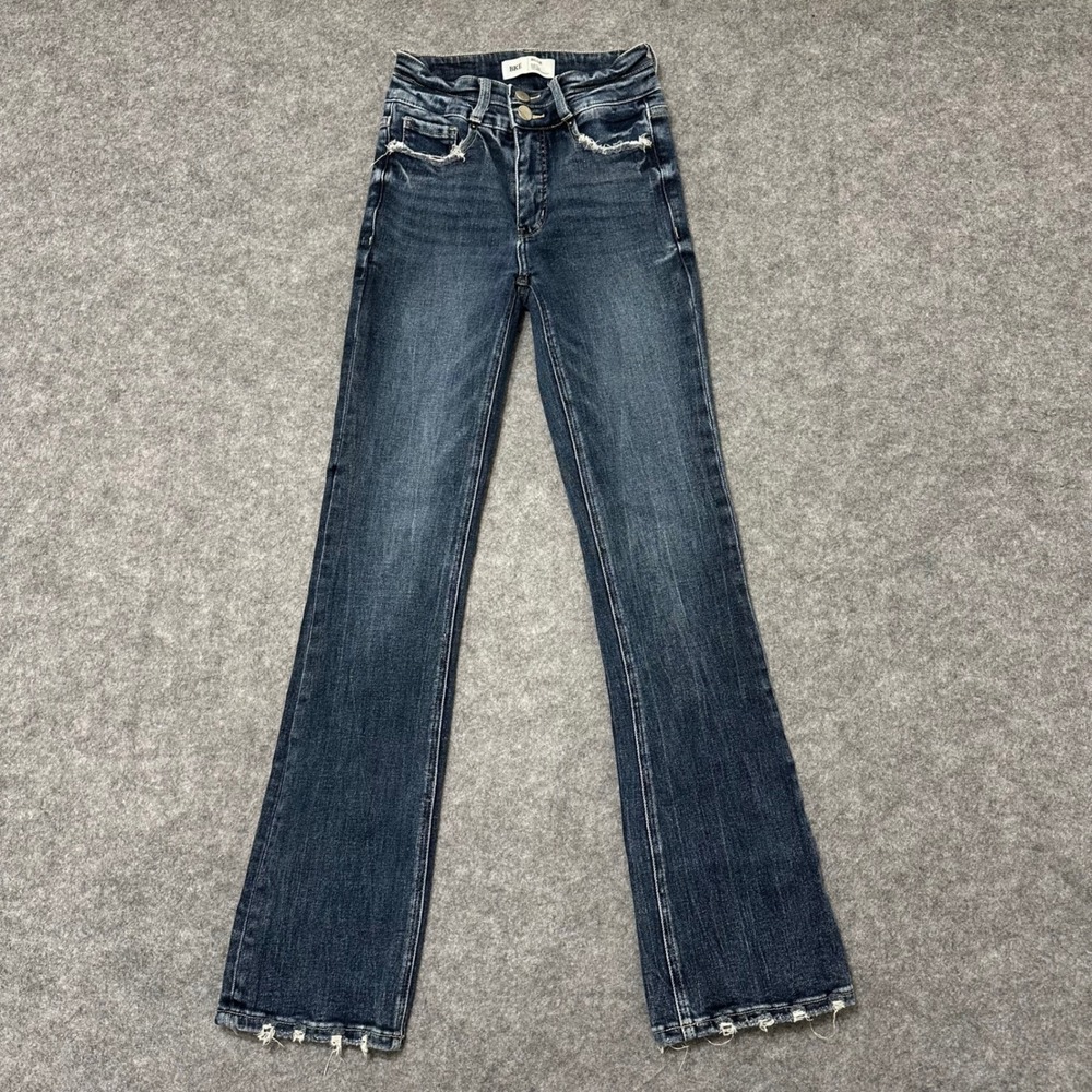 BKE Billie Bootcut Jeans Women 24 Blue Denim High Rise Slim Fit Distressed Hem